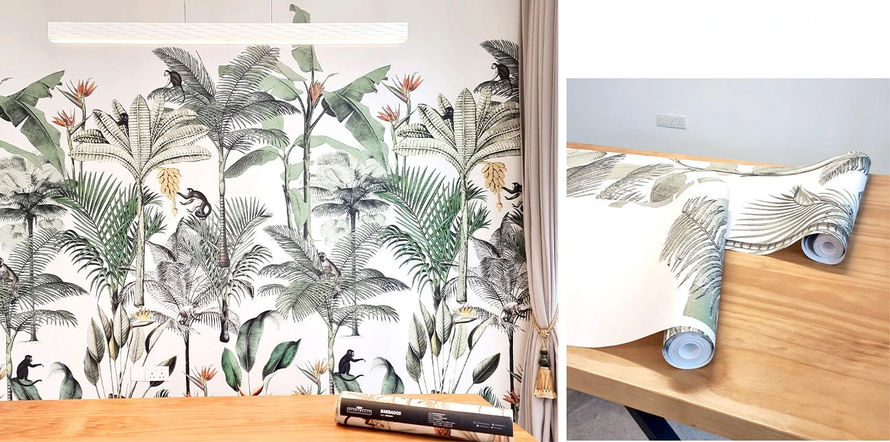 Tropical dining-themed mural wallpaper installation